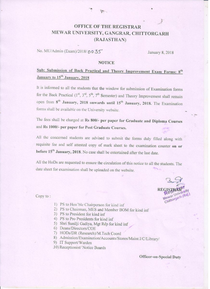 mewar university exam schedules